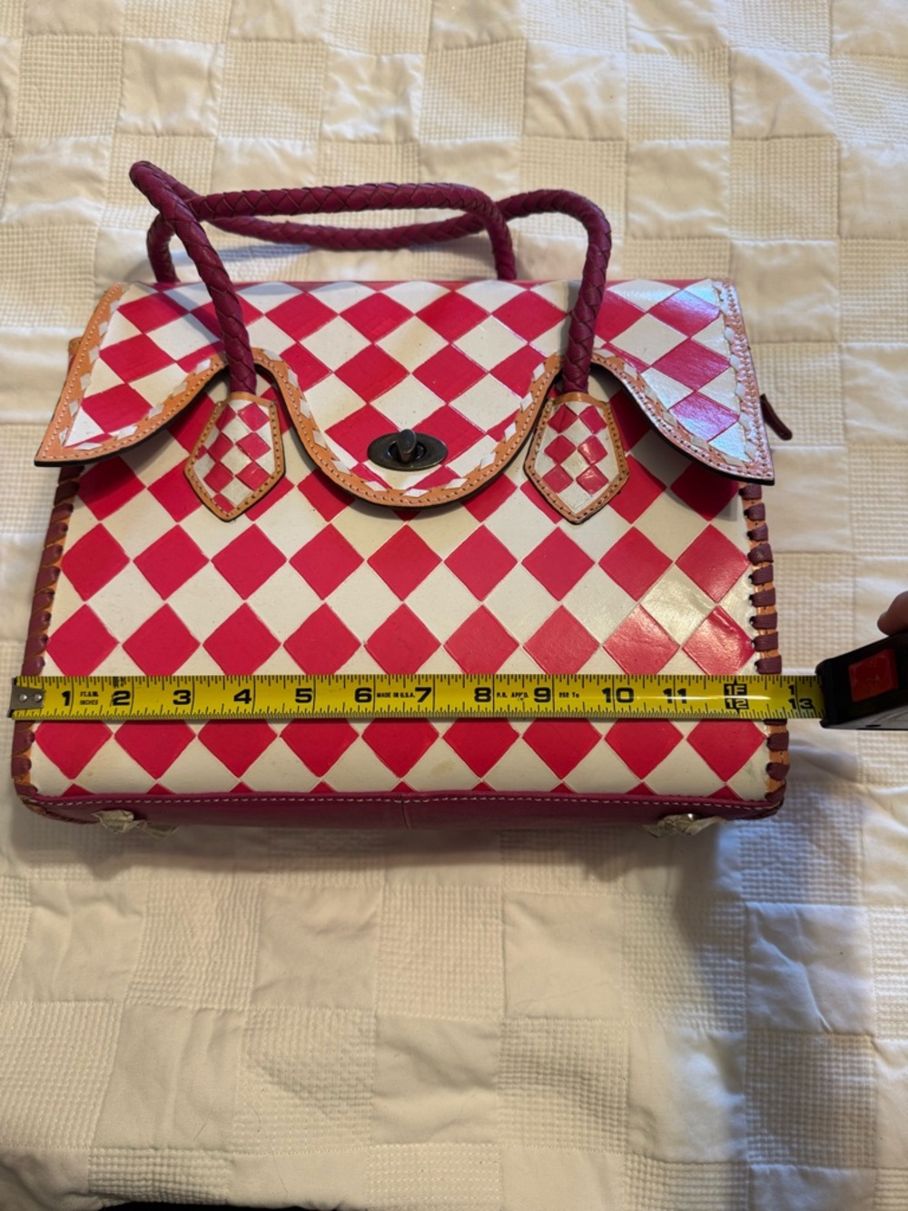 Pink and White Checkered Leather hand painted purse